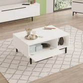Vue de côté de la table basse Vega avec son espace de rangement ouvert